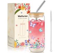 Walluree Glass Cups with Lids and Straws 600ml Flower Iced Coffee Tumbler | Cute Floral Smoothie Matcha Boba Tea Latte Juice Drinking Glassware, Women Mom Girls Her Christmas Birthday Party Gifts