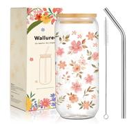 Walluree Glass Cups with Lids and Straws 600ml Flower Iced Coffee Tumbler | Cute Floral Wildflower Smoothie Matcha Boba Tea Latte Juice Glassware, Women Mom Girls Her Christmas Birthday Party Gifts