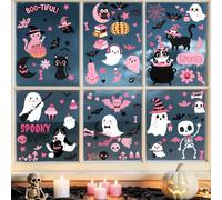 Walluree Halloween Window Stickers Decals Home Door Decorations Clings | 9 Sheets, PVC, Reusable Static Double-Sided Decorative Glass Film, Cute Pink Ghost Cat Bat Decor Indoor Kitchen Patio School