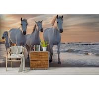 WallustrioaW 3D Custom Seamless Wallpaper,Photo Mural,Sky Sea White Horse Landscape Suitable for Living Room Bedroom,Easy to Install,Home Decoration for UK Homeowners-350X245Cm