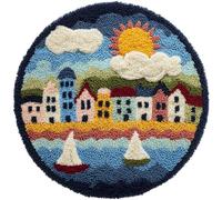 WallustrioaW 3D Latch Hook Rug Kit,a Small House by the sea,DIY Latch Hook Kit Rug Making Crafts for Kids and Adults,Embroidery Carpet Cushion with Sewing Tool,50x50cm
