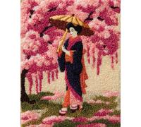 WallustrioaW 3D Latch Hook Rug Kit,Woman Under The Cherry Blossom Tree,DIY Latch Hook Kit Rug Making Crafts for Kids and Adults,Embroidery Carpet Cushion with Sewing Tool,52x38cm