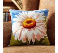 WallustrioaW 3D Pillow Latch Hook Embroidery Kits 17x17in,White Daisies Needlework Cushion Cover Making Kits Color Preprinted Canvas for Home Decoration Festival/Gift