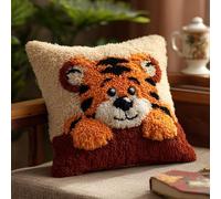 WallustrioaW 43x43cm Latch Hook Embroidery Cushion Kit,Cute Little Tiger 17x17in Latch Hook Cushion Kits for Adults,DIY Needlework Handmade Set Craft Sofa Home Decor
