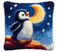 WallustrioaW 43x43cm Latch Hook Pillow Cover Kit,Penguins Under the Stars Complete Needlecraft Set with Pre-Cut Yarn,Perfect Home Decor Gift for Adults Beginners