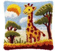 WallustrioaW African Landscape Cross Stitch Latch Hook Sofa Cushion Cover,Cartoon Giraffe,3D Pillow Latch Hook Embroidery Kits with Crochet Tools fit for Kids and Adults,17x17inch