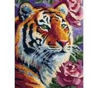 WallustrioaW Animal 3D Latch Hook Rug Kit,Peony Flowers and Tigers,DIY Latch Hook Kit Rug Making Crafts for Kids and Adults,Embroidery Carpet Cushion with Sewing Tool,60x90cm