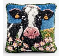 WallustrioaW Animal 3D Pillow Latch Hook Embroidery Kits,Cows Among Flowers,DIY Pillow Cover Materials Package Crocheting Cushion Set for Beginners,17x17inch