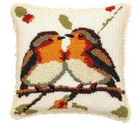 WallustrioaW Animal Bird Cross Stitch Latch Hook Sofa Cushion Cover,Two Robins on a Branch,3D Pillow Latch Hook Embroidery Kits with Latch Hook Tool fit for Kids and Adults,17x17inch