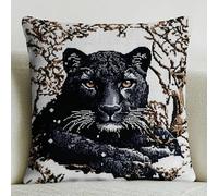 WallustrioaW Animal Black Panther Stamped Cross-Stitch Kit Printed Canvas,Snowy Forest,Cross Stitch Cushion Kits Needlework Kit for Adult Beginners 11ct Decoration Embroidery Pillow Case,45 x 45 m