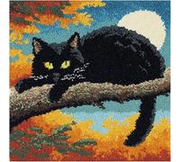 WallustrioaW Animal cat Latch Hook Embroidery Kits for Adults,Black cat Lying on a Branch,DIY Hooks Knitted Pillow Cover,Printed Canvas Creativity Crochet Gift,17x17inch