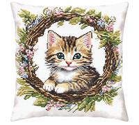 WallustrioaW Animal Cross Stitch Embroidery Cushion Kits,cat in a Wreath Stitched Pillow Cover Kit for Adults Beginners 11ct Needlework Set Decoration 18x18in