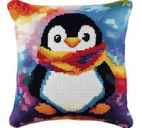 WallustrioaW Animal Cross Stitch Embroidery Cushion Kits,Penguin Wearing a Colorful Scarf Stitched Pillow Cover Kit for Adults Beginners 11ct Needlework Set Decoration 18x18in