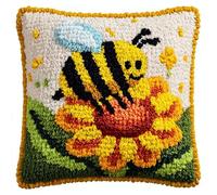 WallustrioaW Animal Cross Stitch Latch Hook Sofa Cushion Cover,bee on Yellow Flower,3D Pillow Latch Hook Embroidery Kits with Crochet Tools fit for Kids and Adults,17x17inch
