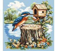 WallustrioaW Animal Cross Stitch Pillow Kit,Kingfisher and Bird House Tapestry Pillow kit 18x18in DIY Pillow Cover Kit for Living Room Sewing Art Home Decoration