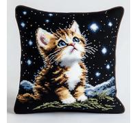 WallustrioaW Animal Cross Stitch Throw Pillow Cushion Kit,Cat Under The Starry Sky Needlepoint Craft Set 18x18in Cushion Kit pre Printed Handmade Cushion Cover