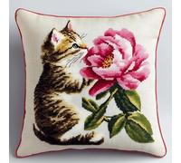 WallustrioaW Animal DIY Embroidery Cross Stitch Cushion Kits,A cat Kissing a Peony Flower Pillow Cover Kit Handmade Needlework Cushion for Living Room Art Home Decoration 45x45cm