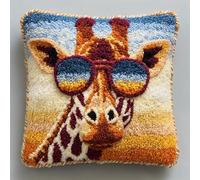 WallustrioaW Animal DIY Hooks Knitted Embroidered Pillow Cover,Giraffe Wearing Glasses,Latch Hook Kit Cushion,Arts Craft for Home Sofa Furniture,17x17inch