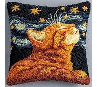 WallustrioaW animal DIY Hooks Knitted Embroidered Pillow Cover,Orange cat under the starry sky,Latch Hook Kit Cushion,Arts Craft for Home Sofa Furniture,17x17inch
