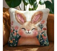 WallustrioaW Animal DIY Latch Hook Pillow Kit,Cartoon Rabbit in Flowers,Latch Hook for Beginner Gifts for Family Friends Needlework Crafts,17x17inch