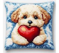 WallustrioaW Animal DIY Rug Pillow Cover Latch Hook Cushion Kits,Cute Puppy and Love Heart,Needlework Pillow Cover Sofa Cushion Rug Making Kits,DIY Craft Gift Kits,17x17inch