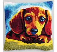 WallustrioaW Animal Dog Cross Stitch Latch Hook Sofa Cushion Cover,Dachshund,3D Pillow Latch Hook Embroidery Kits with Crochet Tools fit for Kids and Adults,17x17inch