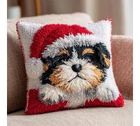 WallustrioaW Animal Dog DIY Hooks Knitted Embroidered Pillow Cover,Puppy wearing a Santa hat,Latch Hook Kit Cushion,Arts Craft for Home Sofa Furniture,17x17inch