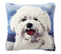 WallustrioaW Animal Dog Latch Hook Cushion Cover Kits for Adults,Cute White Puppy,Crochet Kits for Beginners,DIY Cross Stitch Cushion,Embroidered Pillowcase,43x43cm