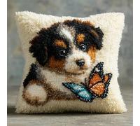 WallustrioaW Animal Dog Latch Hook Cushion Kit DIY 17x17in,Cute Dog and Butterfly,Latch Hook Pillow Case Kits,Arts and Crafts Crochet Needlework Home Decor,43x43cm