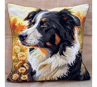 WallustrioaW Animal Dog Latch Hook Cushion Kit Latch Hook Pillow kit,Border Collie Pet,DIY Cross Stitch Embroidery Kits for Adults Kids DIY Craft Pillow Cover Making Kit,17x17inch