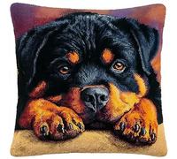 WallustrioaW Animal Dog Latch Hook Cushion Kits for Adults,Rottweiler,DIY Latch Hook Pillow Kit,Pre-Printed Cross-Stitch Cushion Cover for Gift Idea,17x17in