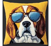 WallustrioaW Animal Dog Latch Hook Kits 17x17in,Latch Hook Cushion Kits,Beagle Wearing Glasses,DIY Cross Stitch Sofa Cushion Cover for Adults,Christmas/Birthday Gifts43x43cm