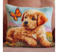 WallustrioaW Animal Dog Latch Hook Kits Pillowcase Embroidery Kit,Cute Dog and Butterfly,Latch Hook Cushion Cover for Adults and Beginners,Pillow Cover Sofa Cushion Craft,17x17inch