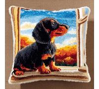 WallustrioaW Animal Dog Latch Hook Kits Pillowcase Embroidery Kit,Dachshund on The windowsill,Latch Hook Cushion Cover for Adults and Beginners,Pillow Cover Sofa Cushion Craft,17x17inch