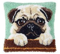 WallustrioaW Animal Dog Latch Hook Pillow Case Kits,Cute Pug Dog,DIY Latch Hook Cushion Kits 43x43cm,Printed Canvas Embroidery Pillow for Beginners,17x17inch