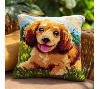 WallustrioaW Animal Dog Latch Hook Pillow Case Kits,Dachshund on The Grass,DIY Latch Hook Cushion Kits 43x43cm,Printed Canvas Embroidery Pillow for Beginners,17x17inch