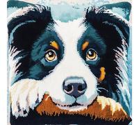 WallustrioaW Animal Dog Latch Hook Pillow Cover Kits Latch Hook Cushion Kit,Border Collie,DIY Pillow Cover Making Craft Printed Canvas for Beginners Embroidery Pillow,17x17inch