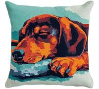 WallustrioaW Animal Dog Pre Printed Pattern DIY Latch Hook Kits,A Sleeping Dachshund,Cross Stitch Sofa Cushion Cover,3D Pillow Latch Hook Embroidery Kits Kids and Adults,43x43cm