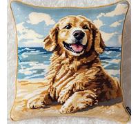 WallustrioaW Animal Dog Stamped Cross Stitch Pillow Kits,Golden Retriever on The Beach 11CT Cross Stitch Cushion Cover Embroidery Kit Needlepoint Handmade Cushion for Home Decor 18x18inch
