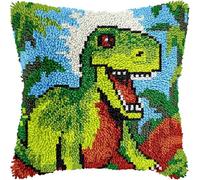 WallustrioaW Animal Embroidery Latch Hook Pillow Cover Kit,Green Dinosaur,Cross Stitch Cushion Covers Kits DIY Craft Needlework Latch Hook Kits for Kids Adults,43x43cm