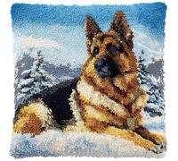 WallustrioaW Animal Latch Hook Cushion Kits,German Shepherd in The Snow,Sofa Cushion Cover Cushion Embroidery Craft Kit for Beginners,Printed Canvas Creativity Crochet Gift,43x43cm