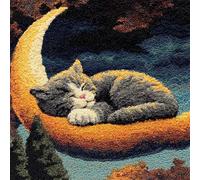 WallustrioaW Animal Latch Hook Embroidery Kits for Adults,cat Sleeping on The Moon,DIY Hooks Knitted Pillow Cover,Printed Canvas Creativity Crochet Gift,17x17inch