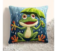 WallustrioaW Animal Latch Hook Kits for Adults,Beginners,Frog with an Umbrella,DIY Pillow Kit Pre-Printed Cross-Stitch Cushion Cover for Home Sofa Decor Gift Idea,17x17inch