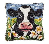 WallustrioaW Animal Latch Hook Kits for Adults Kids,Cows Among Flowers,DIY Latch Hook Pillow Kit Pre-Printed Cross-Stitch Embroidery Cushion for Home Sofa Decoration 17x17in