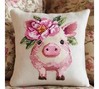 WallustrioaW Animal Latch Hook Pillow Case Embroidery Kits,Pink Pig Wearing Peony Flowers,DIY Needlework Latch Hook Cushion Cover Kits for Kids & Adults Beginners,Sofa Cushion Cover,17x17inch