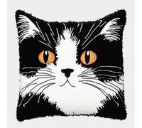 WallustrioaW Animal Latch Hook Pillow Cover Kits,Black and White cat,Latch Hook Cushion Kit 17x17Inch,Cross Stitch Embroidery Cushion for Adults and Beginners,43x43cm
