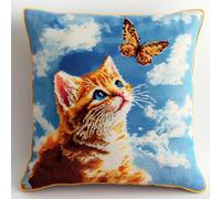 WallustrioaW Animal Stamped Cross Stitch Pillow Kits,cat and a Butterfly 11CT Cross Stitch Cushion Cover Embroidery Kit Needlepoint Handmade Cushion for Home Decor 18x18inch