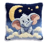 WallustrioaW Beautiful Night View Latch Hook Kit for Adults,Cartoon Elephant Under The Starry Sky,DIY Cross Stitch Embroidery Cushion Kit for Kids DIY Craft Pillow Cover Making,17x17inch