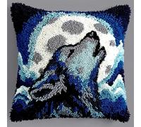 WallustrioaW Beautiful Night View Latch Hook Kits for Adults Kids,Wolf Under The Moon,DIY Latch Hook Pillow Kit Pre-Printed Cross-Stitch Embroidery Cushion for Home Sofa Decoration 17x17in
