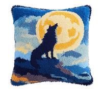 WallustrioaW Beautiful Night View Latch Hook Pillow Case Embroidery Kits,Wolf Under The Moon,Needlework Latch Hook Cushion Cover,DIY Home Decorations Handmade Craft Kits,17x17inch